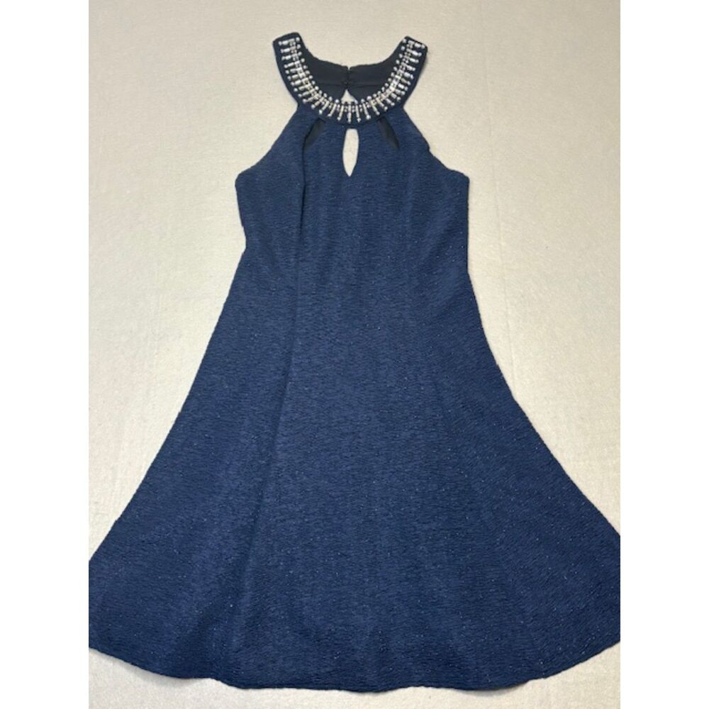 Betsy & Adam Beaded Halter Dress 4 Cocktail Prom Wedding Glittered Navy Blue